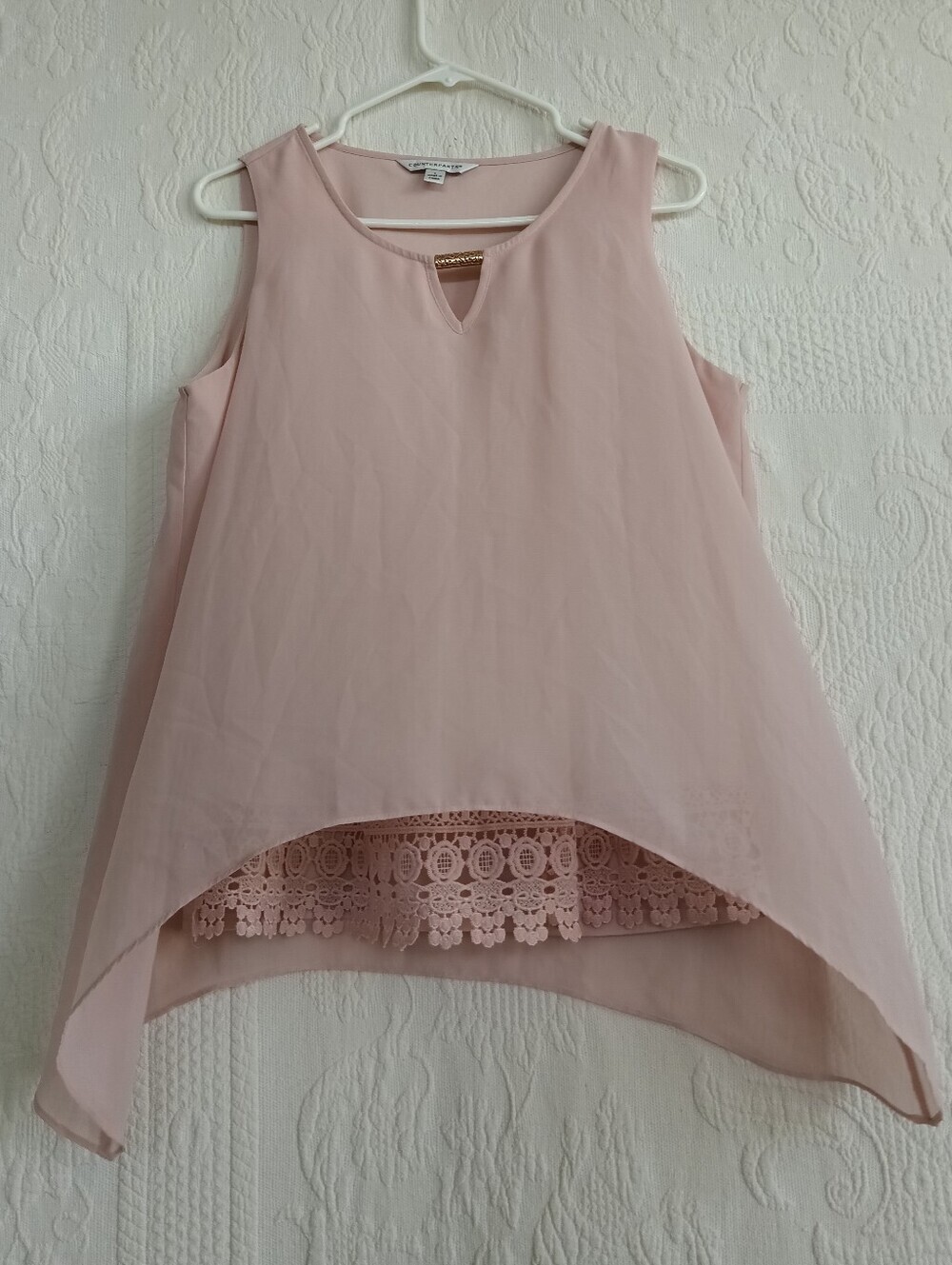 Counterparts Soft Pink Lace-Trim Sheer Tank Shark Bite Boho Lace Flowy Oversized - Picture 7 of 7